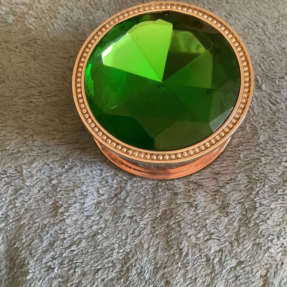 Small silver safekeeper jeweled box. Faux emerald lid. 3” X 3”.